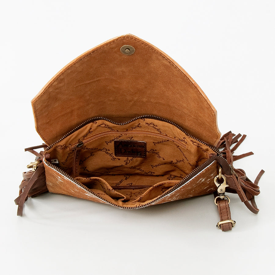 American Darling Western Envelope Bag, Hand Tooled Floral Leather & Hair-On Cowhide Crossbody with Fringes, 8in (H) X 11in (W)