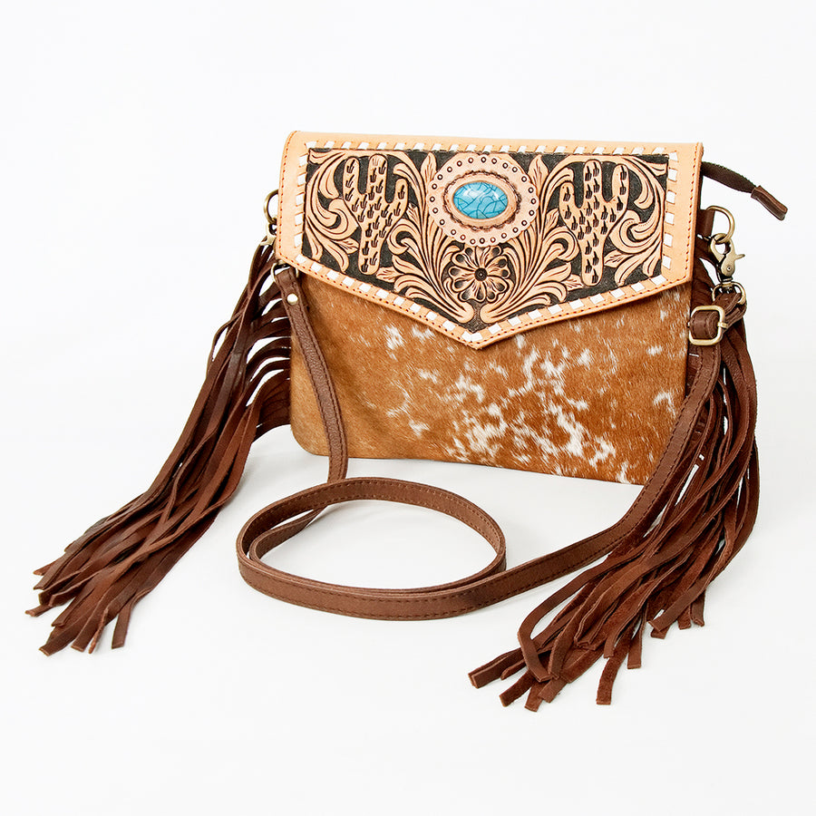 American Darling Hand Tooled Floral and Hair-On Cowhide Leather Envelope with Fringes - Uhorse