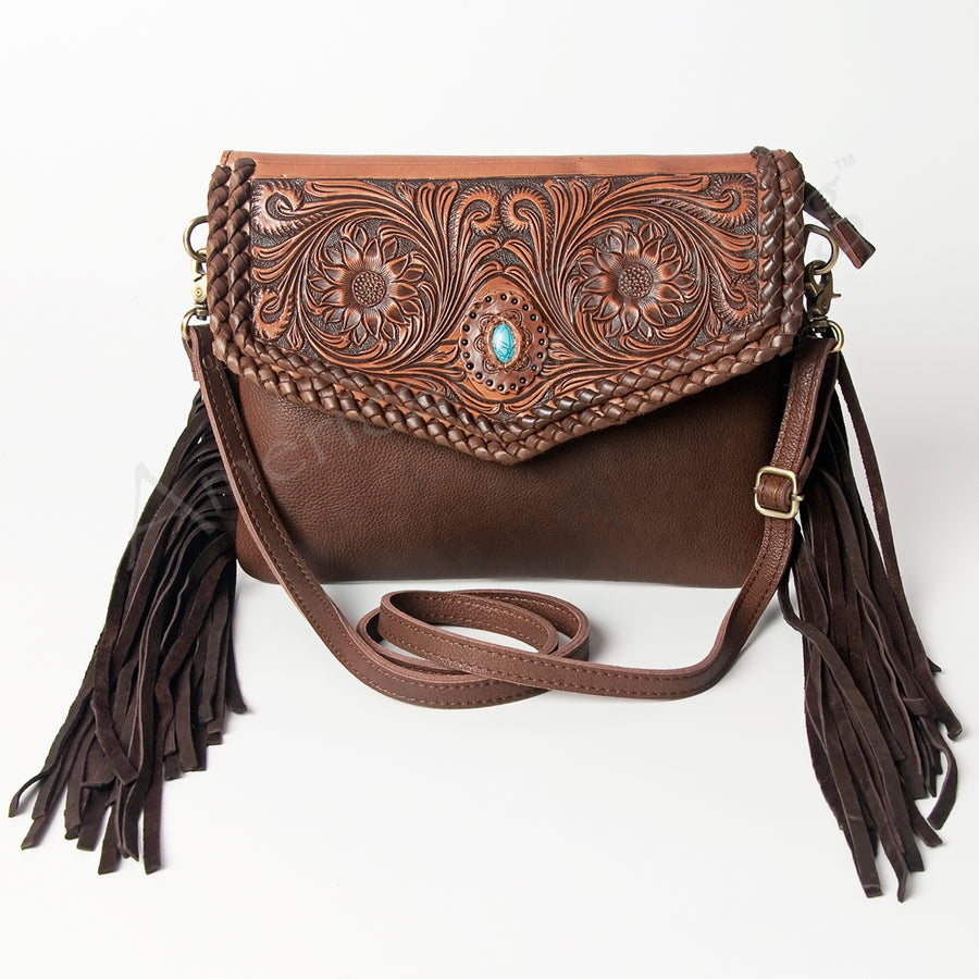 American Darling Western Envelope Bag, Hand Tooled Floral Leather Crossbody with Turquoise Concho & Fringes, 8in (H) X 11in (W)