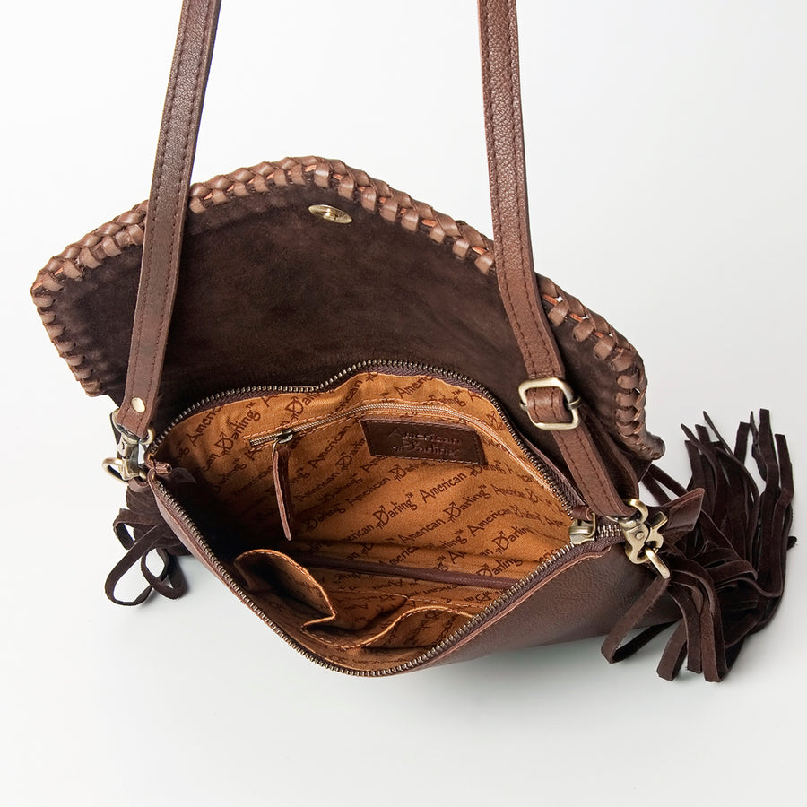 American Darling Western Envelope Bag, Hand Tooled Floral Leather Crossbody with Turquoise Concho & Fringes, 8in (H) X 11in (W)