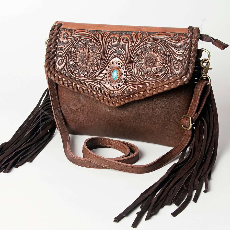 American Darling Hand Tooled Floral Leather Envelope Crossbody with Turquoise Concho - Uhorse