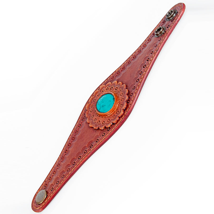 American Darling Luxury Hand-Tooled Leather Bracelet with Turquoise Centerpiece