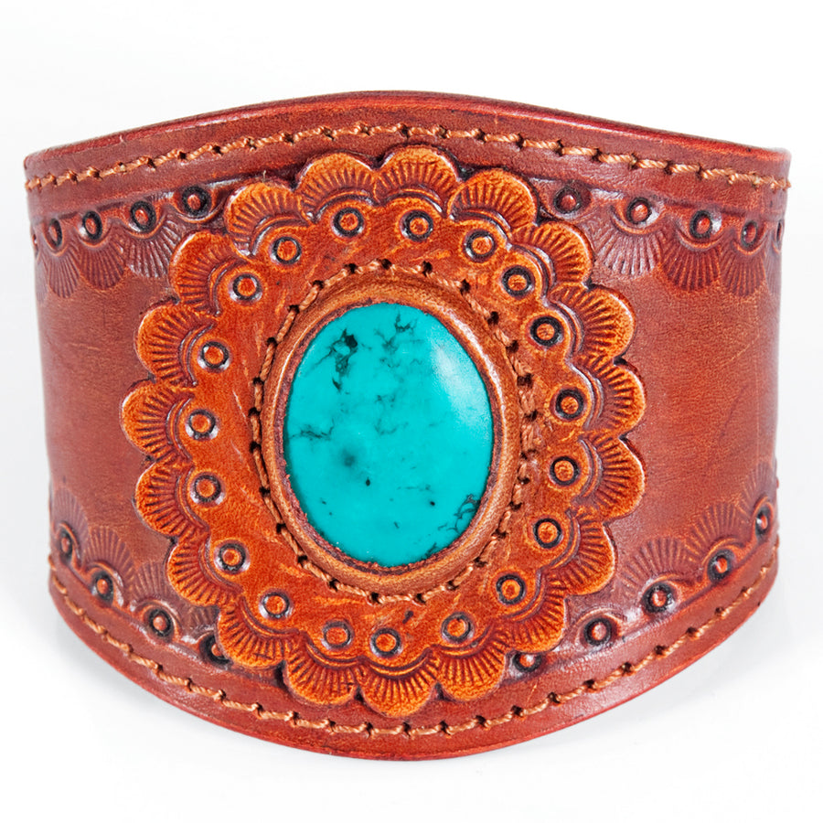 American Darling Luxury Hand-Tooled Leather Bracelet with Turquoise Centerpiece