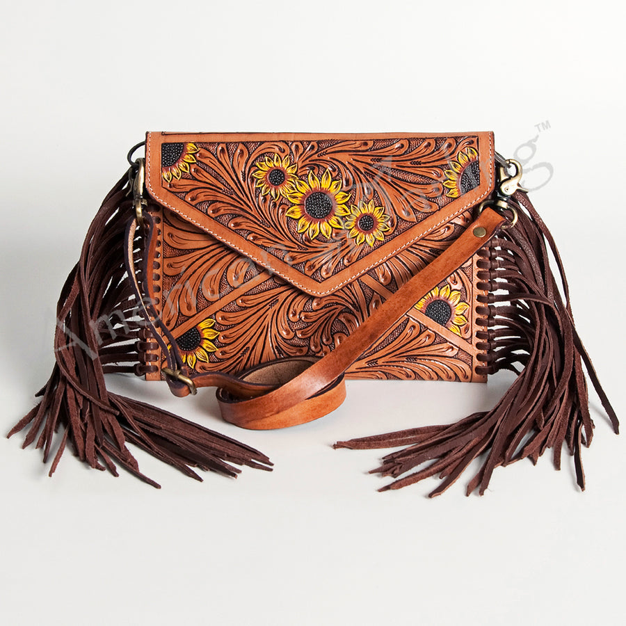 American Darling Envelope Bag, Hand Tooled Floral Leather Crossbody Purse with Fringe and YKK Zipper