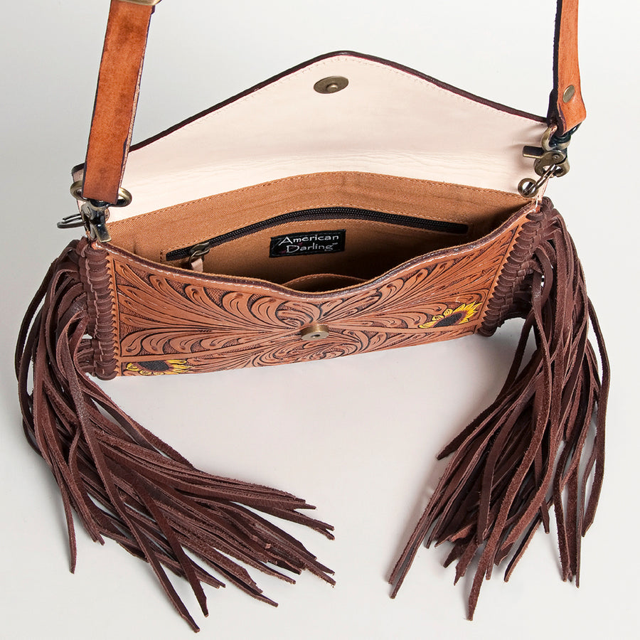 American Darling Envelope Bag, Hand Tooled Floral Leather Crossbody Purse with Fringe and YKK Zipper