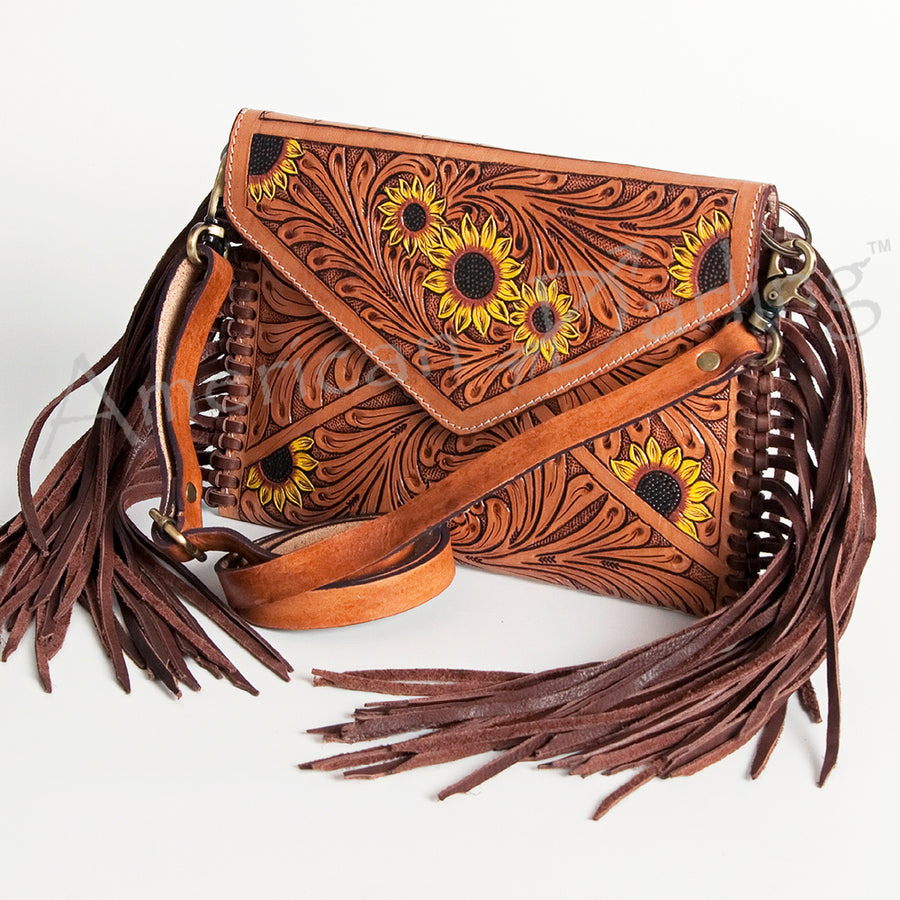 American Darling Hand Tooled Western Leather Envelope Crossbody Bag with Fringe - Uhorse