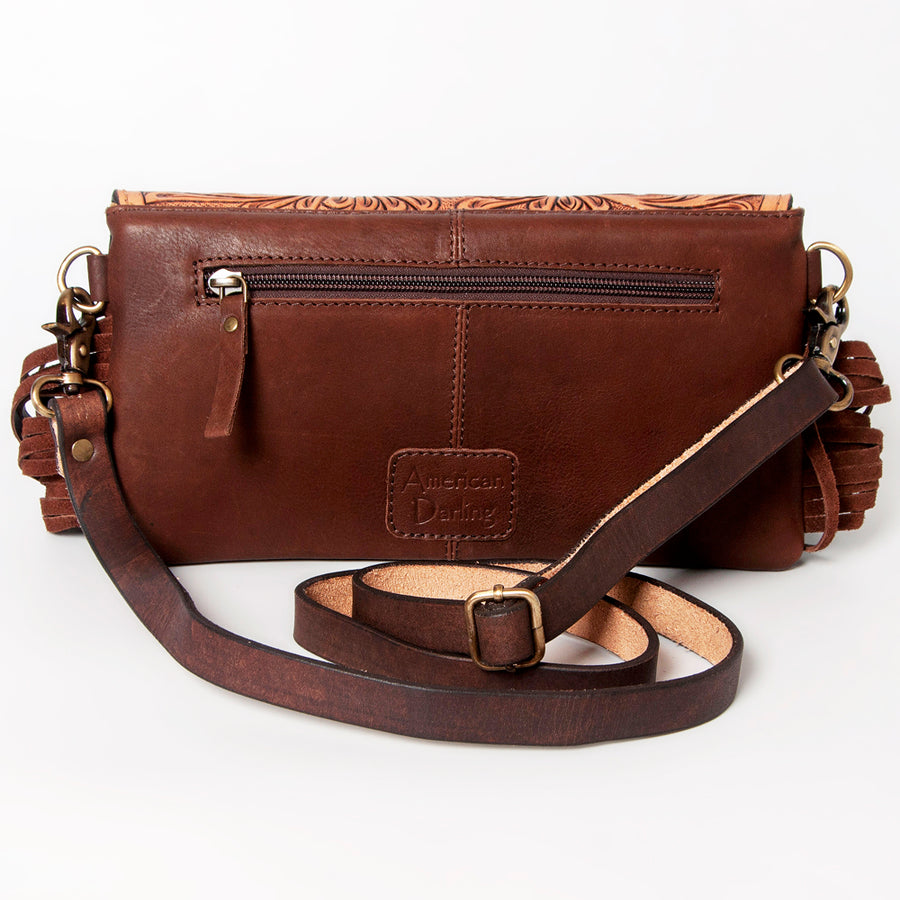 American Darling Wallet, Hand Tooled Floral Leather Crossbody Purse with Fringe, Turquoise Stone and YKK Zipper