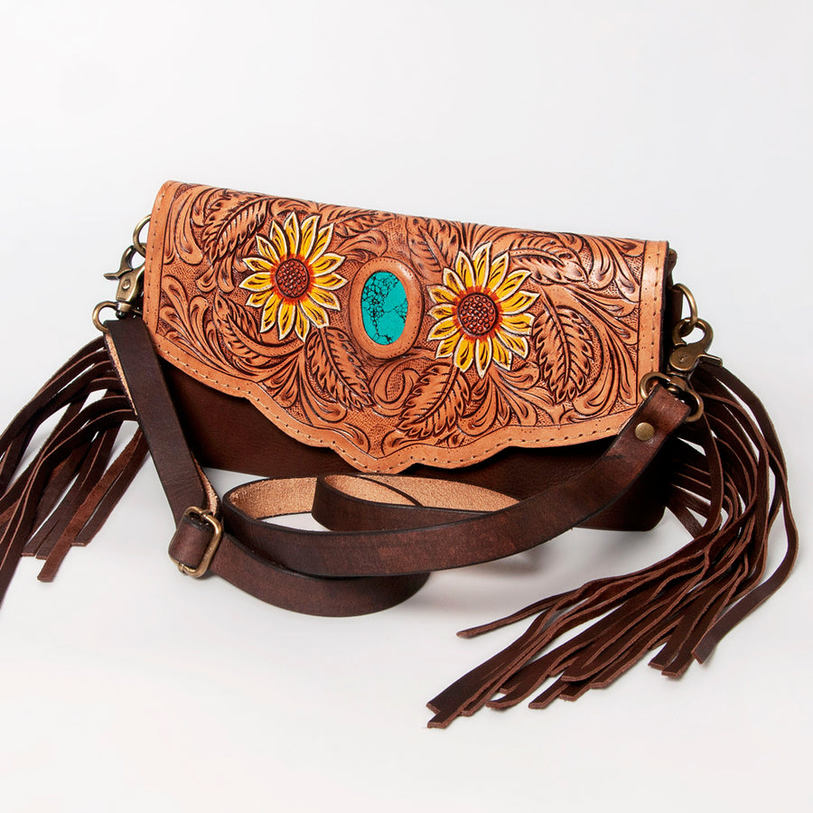 American Darling Hand Tooled Western Leather Wallet with Fringe and Turquoise Accent - Hilason