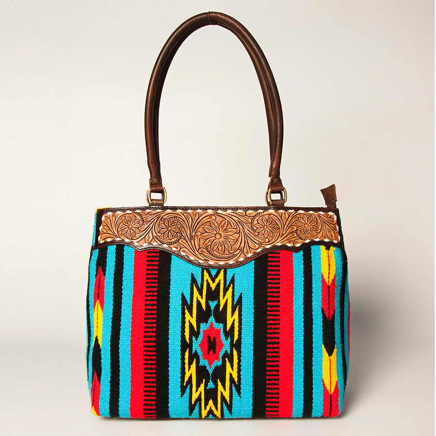 American Darling Handcrafted Floral Tooled Genuine Leather & Woven Saddle Blanket Tote Bag with YKK Zipper & Buck Stitching