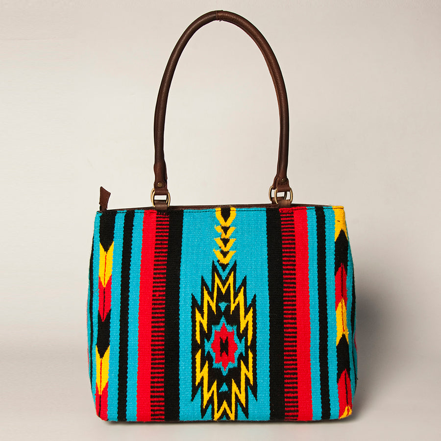 American Darling Handcrafted Floral Tooled Genuine Leather & Woven Saddle Blanket Tote Bag with YKK Zipper & Buck Stitching
