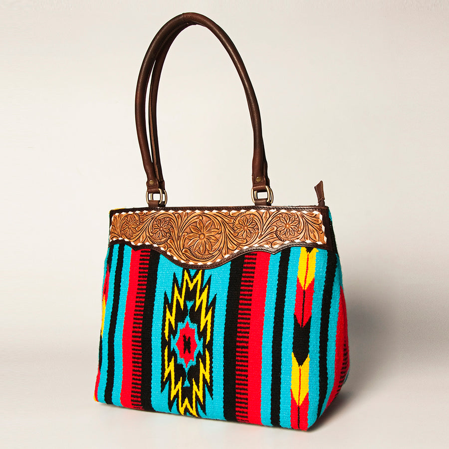 American Darling Floral Tooled Leather and Woven Saddle Blanket Tote Bag - Uhorse