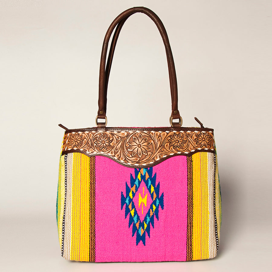 American Darling Handcrafted Floral Tooled Genuine Leather & Woven Saddle Blanket Tote Bag with YKK Zipper & Buck Stitching