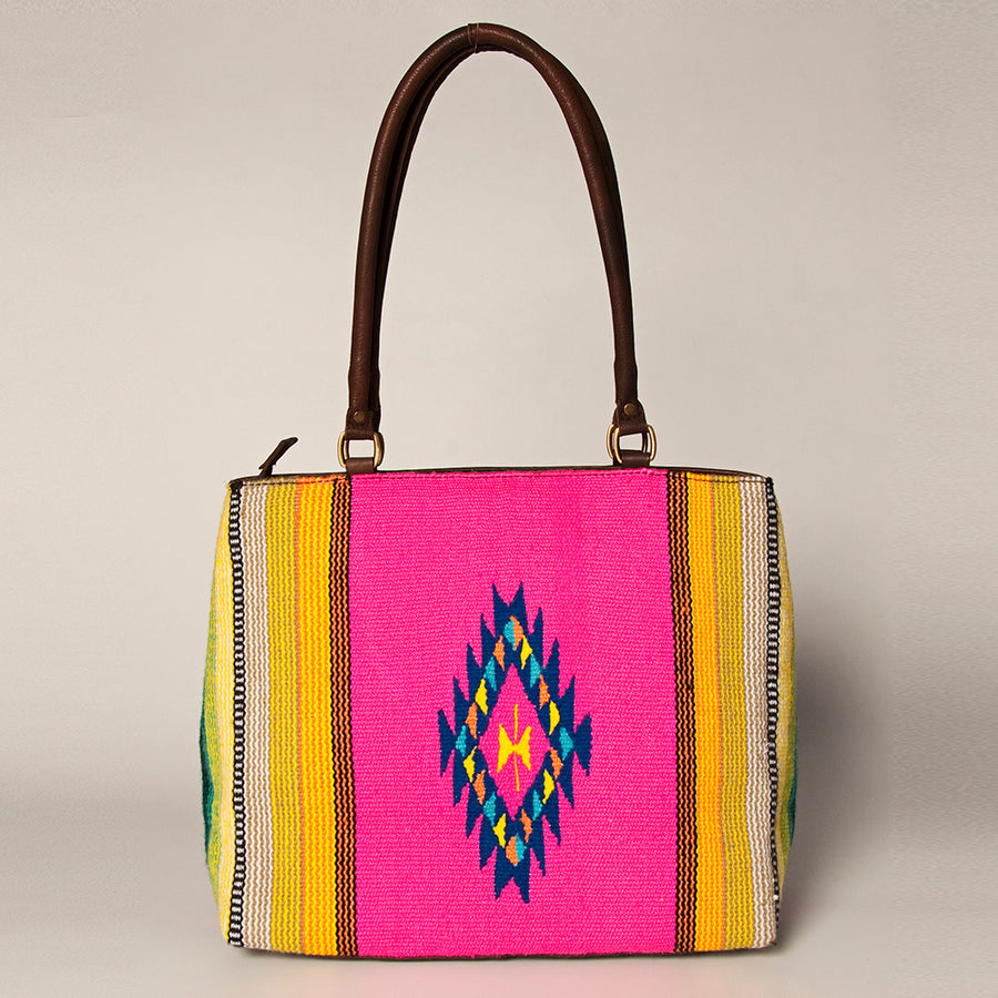 American Darling Handcrafted Floral Tooled Genuine Leather & Woven Saddle Blanket Tote Bag with YKK Zipper & Buck Stitching