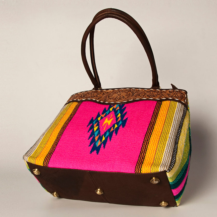 American Darling Handcrafted Floral Tooled Genuine Leather & Woven Saddle Blanket Tote Bag with YKK Zipper & Buck Stitching