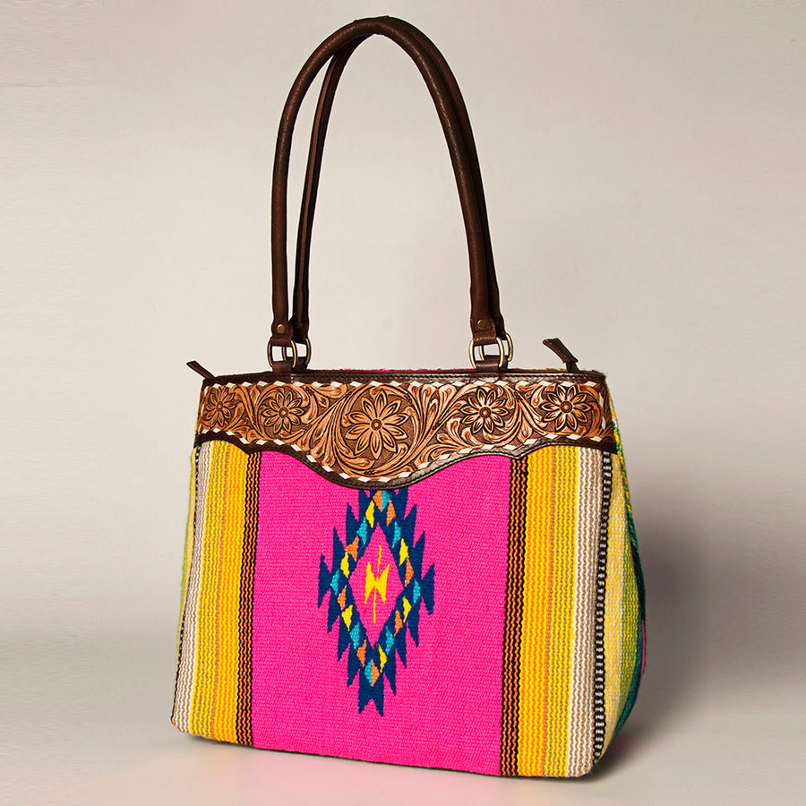 American Darling Floral Tooled Leather and Woven Saddle Blanket Tote Bag - Uhorse