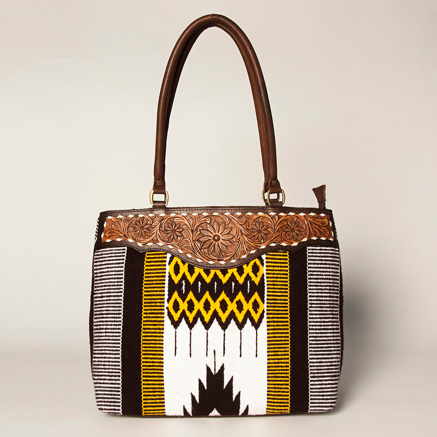 American Darling Handcrafted Floral Tooled Genuine Leather & Woven Saddle Blanket Tote Bag with YKK Zipper & Buck Stitching