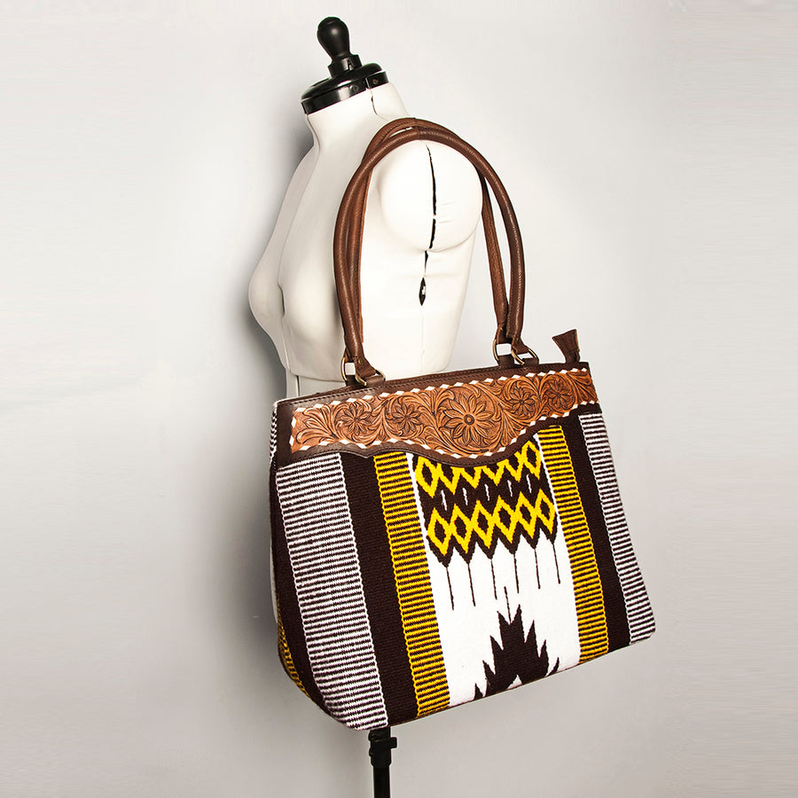 American Darling Handcrafted Floral Tooled Genuine Leather & Woven Saddle Blanket Tote Bag with YKK Zipper & Buck Stitching