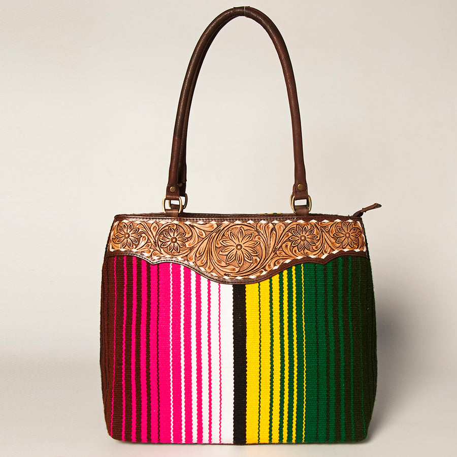 American Darling Handcrafted Floral Tooled Genuine Leather & Woven Saddle Blanket Tote Bag with YKK Zipper & Buck Stitching