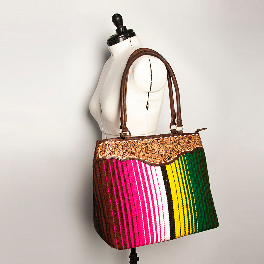 American Darling Handcrafted Floral Tooled Genuine Leather & Woven Saddle Blanket Tote Bag with YKK Zipper & Buck Stitching