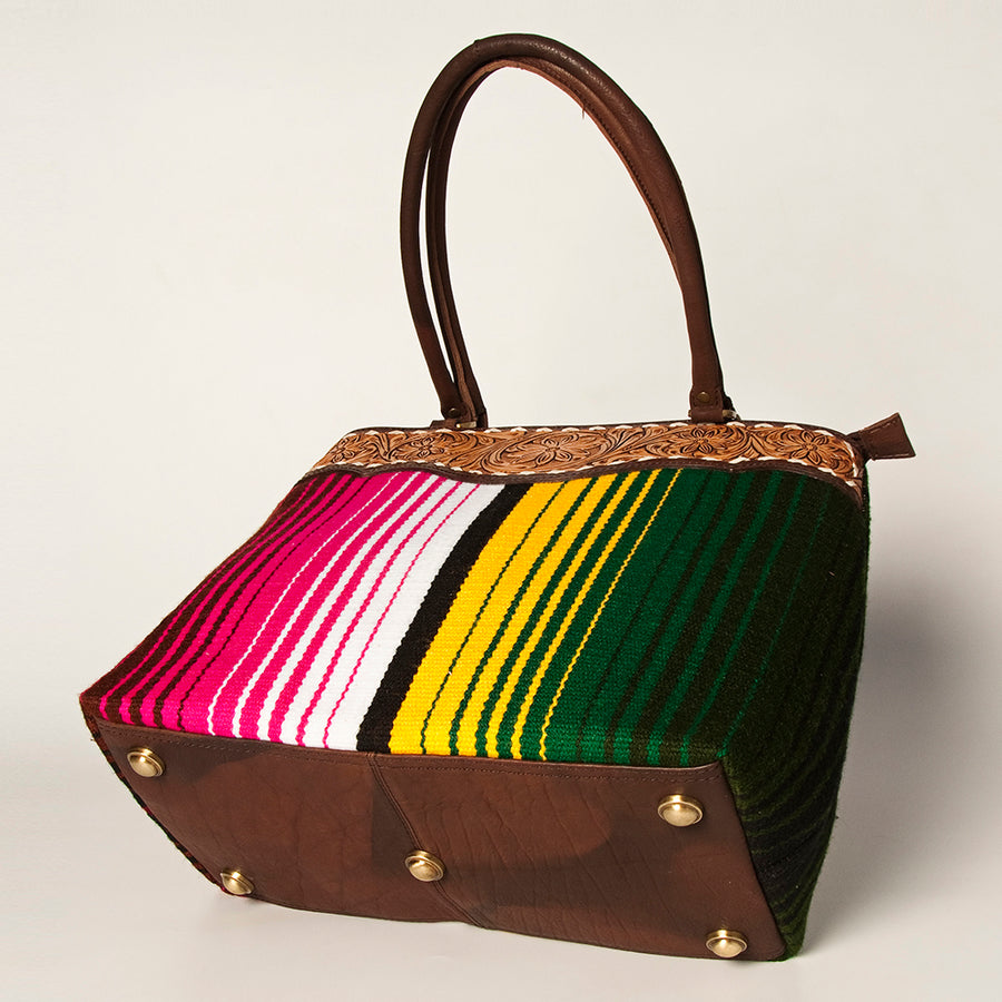 American Darling Handcrafted Floral Tooled Genuine Leather & Woven Saddle Blanket Tote Bag with YKK Zipper & Buck Stitching