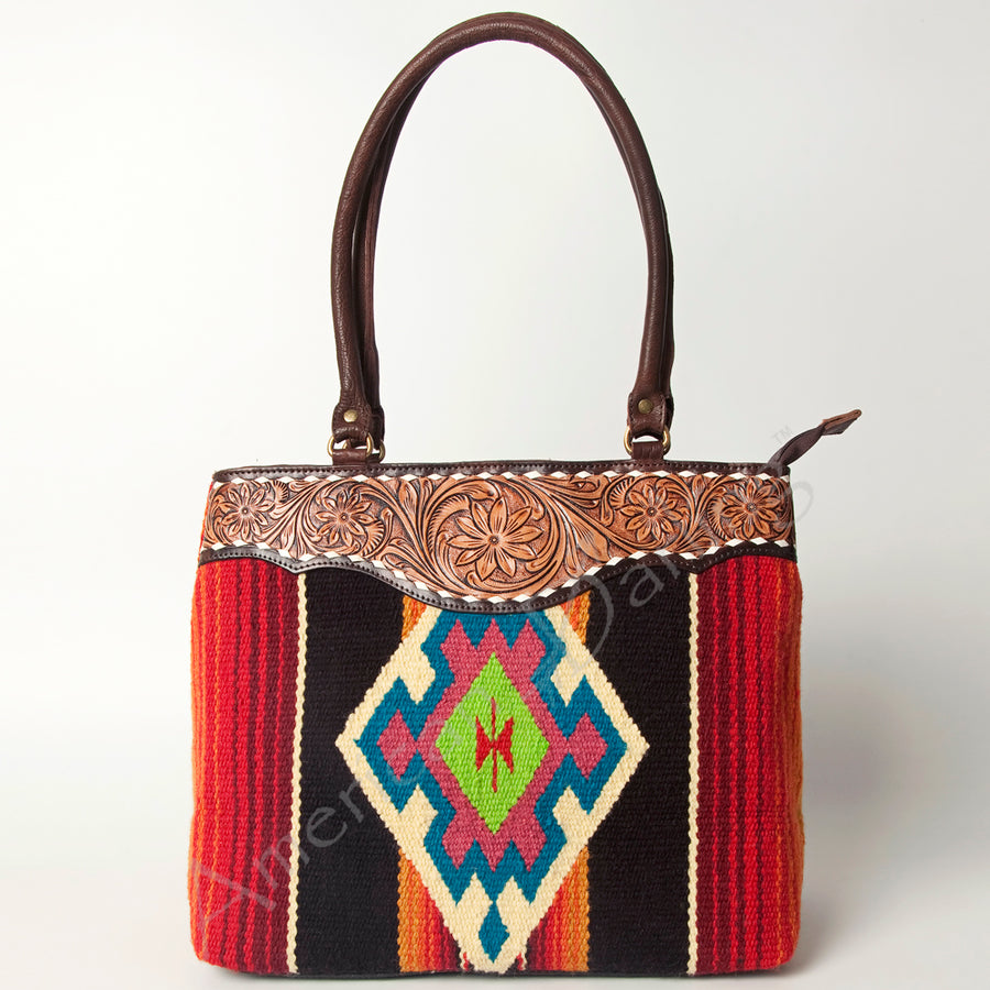 American Darling Handcrafted Floral Tooled Genuine Leather & Woven Saddle Blanket Tote Bag with YKK Zipper & Buck Stitching