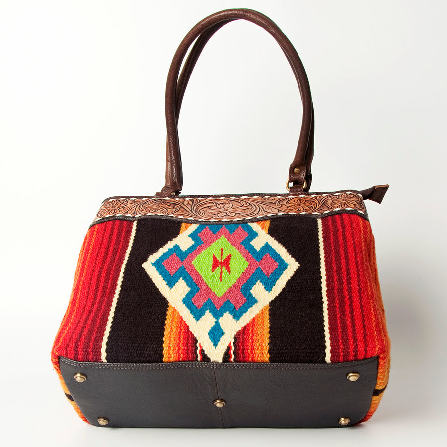 American Darling Handcrafted Floral Tooled Genuine Leather & Woven Saddle Blanket Tote Bag with YKK Zipper & Buck Stitching