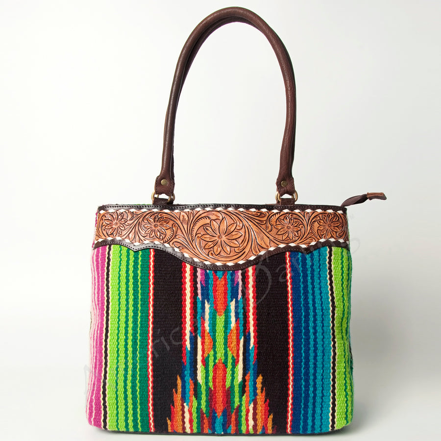 American Darling Handcrafted Floral Tooled Genuine Leather & Woven Saddle Blanket Tote Bag with YKK Zipper & Buck Stitching