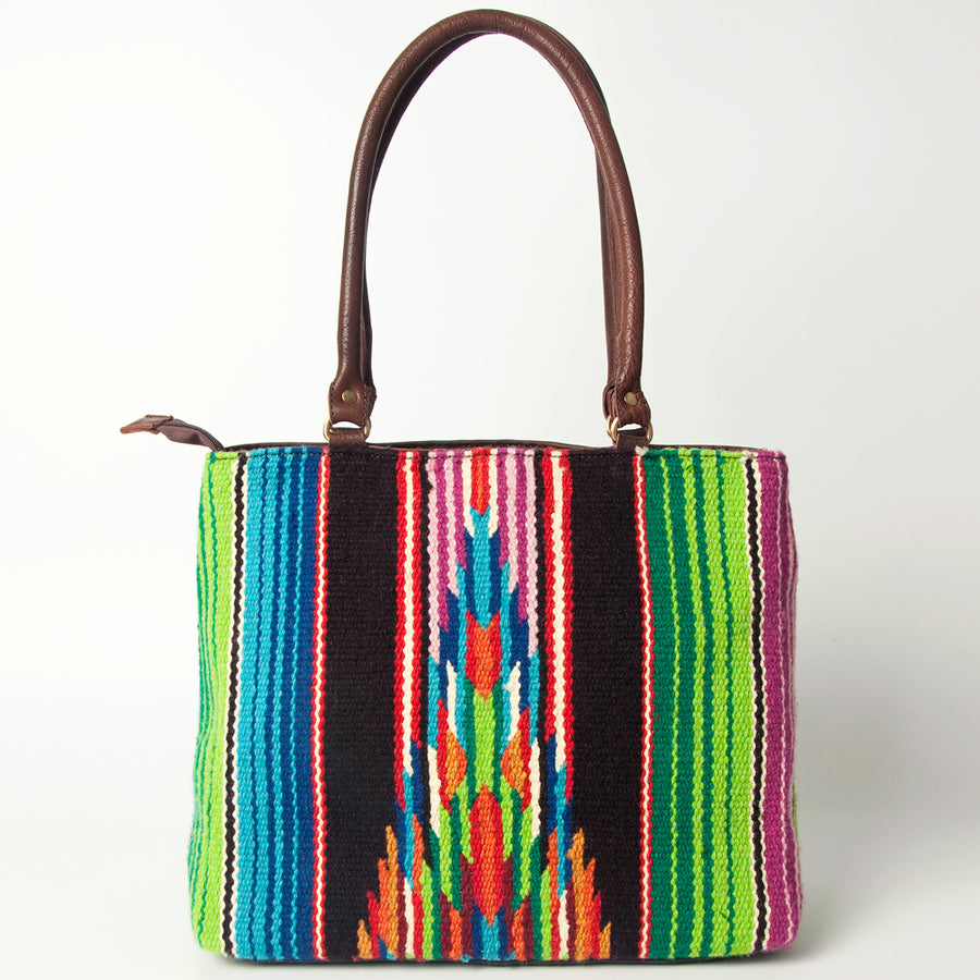 American Darling Handcrafted Floral Tooled Genuine Leather & Woven Saddle Blanket Tote Bag with YKK Zipper & Buck Stitching
