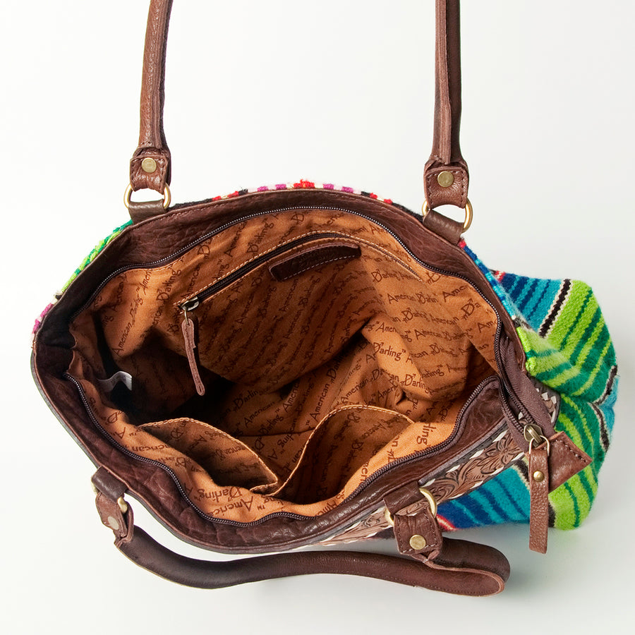 American Darling Handcrafted Floral Tooled Genuine Leather & Woven Saddle Blanket Tote Bag with YKK Zipper & Buck Stitching