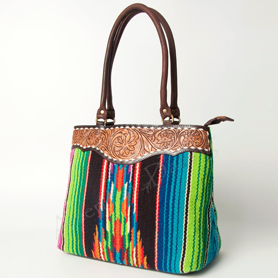 American Darling Floral Tooled Leather and Woven Saddle Blanket Tote Bag - Uhorse