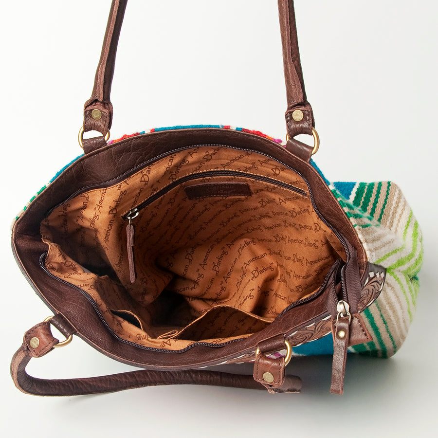 American Darling Handcrafted Floral Tooled Genuine Leather & Woven Saddle Blanket Tote Bag with YKK Zipper & Buck Stitching