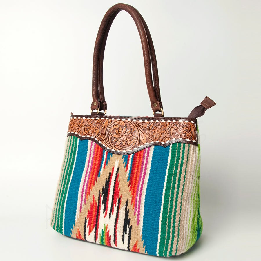 American Darling Floral Tooled Leather and Woven Saddle Blanket Tote Bag - Uhorse