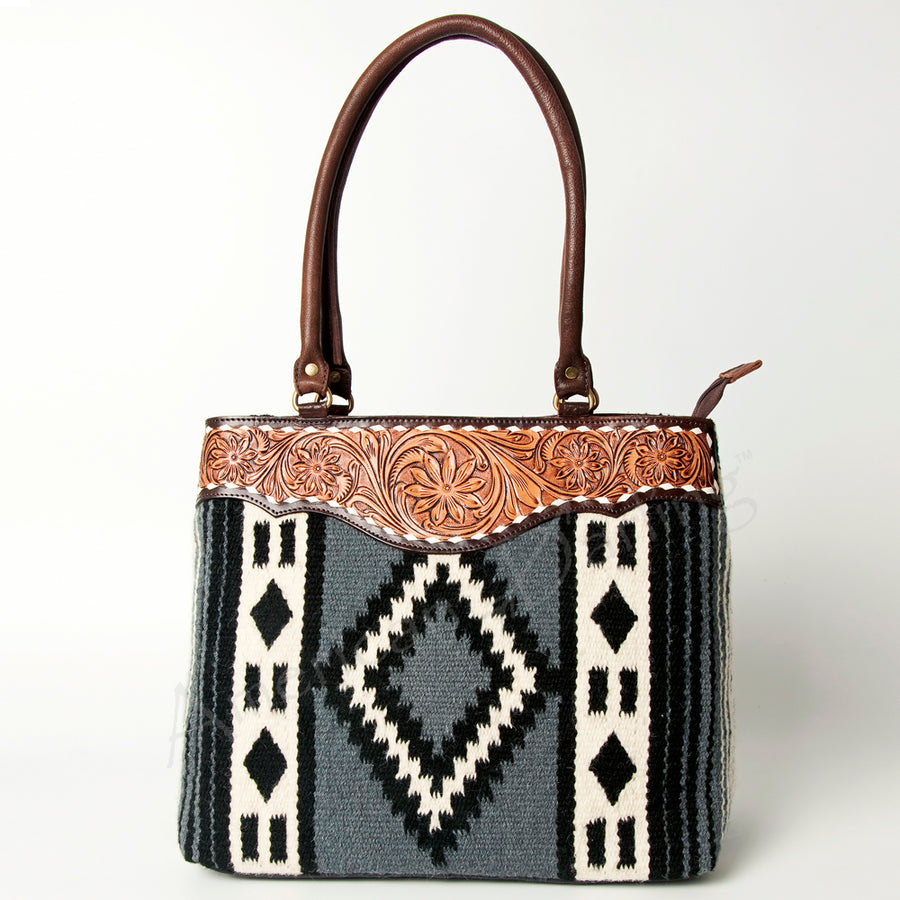 American Darling Handcrafted Floral Tooled Genuine Leather & Woven Saddle Blanket Tote Bag with YKK Zipper & Buck Stitching