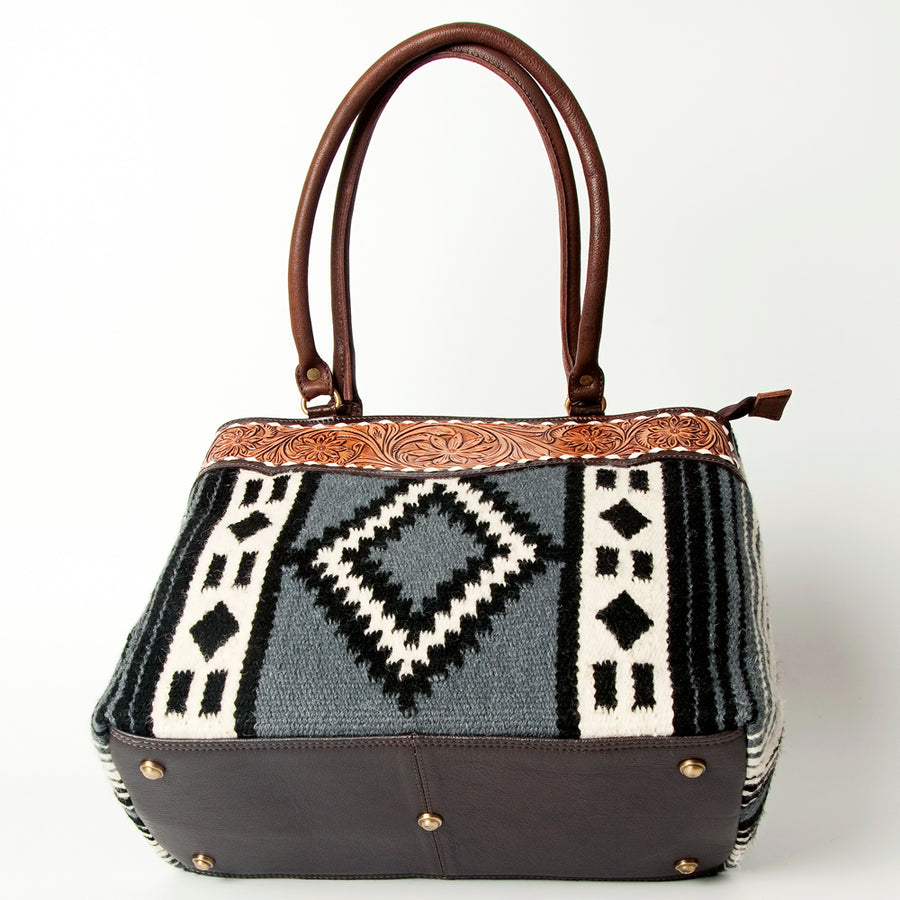 American Darling Handcrafted Floral Tooled Genuine Leather & Woven Saddle Blanket Tote Bag with YKK Zipper & Buck Stitching