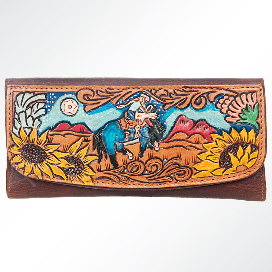 American Darling Wallet Hand Tooled Leather Clutch Vegetable Tanned Western Accessory 4in x 8in