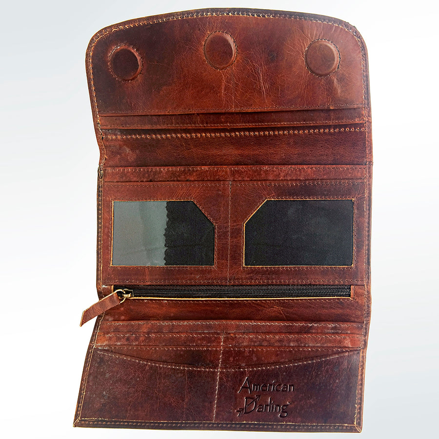 American Darling Wallet Hand Tooled Leather Clutch Vegetable Tanned Western Accessory 4in x 8in