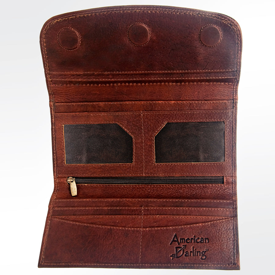 American Darling Wallet Hand Tooled Leather Clutch Vegetable Tanned Western Accessory 4in x 8in