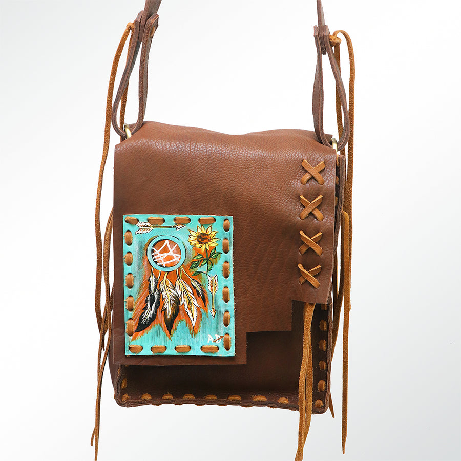 American Darling Cross body Bag, Hand-Painted Genuine Leather, Buck Stitched Western Bag with Fringes and YKK Zipper