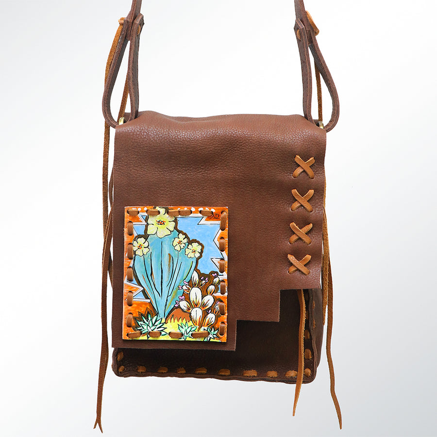 American Darling Cross body Bag, Hand-Painted Genuine Leather, Buck Stitched Western Bag with Fringes and YKK Zipper