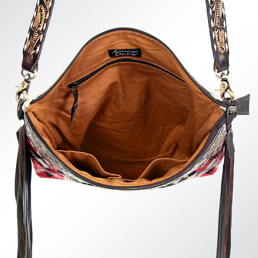 American Darling Cross body Bag Hand Woven Saddle Blanket Floral Tooled Genuine Leather with Fringes Western Purse
