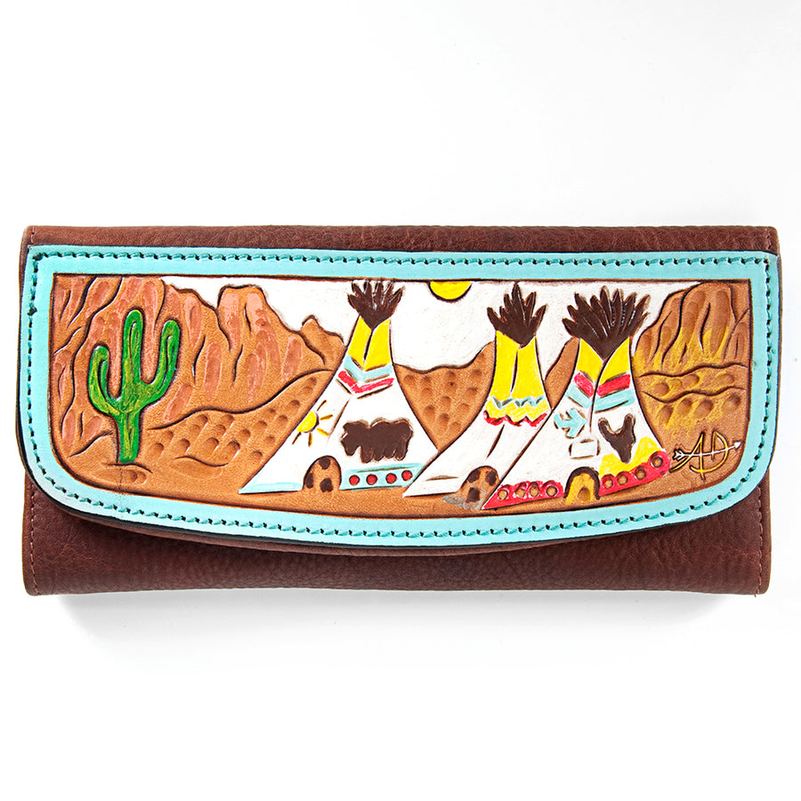 Brown leather clutch wallet with tooled floral design - Uhorse