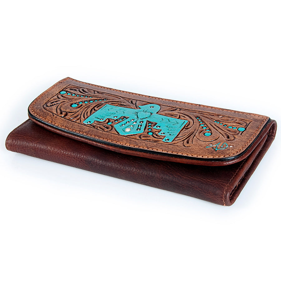 American Darling Wallet Hand Tooled Leather Clutch Vegetable Tanned Western Accessory 4in x 8in