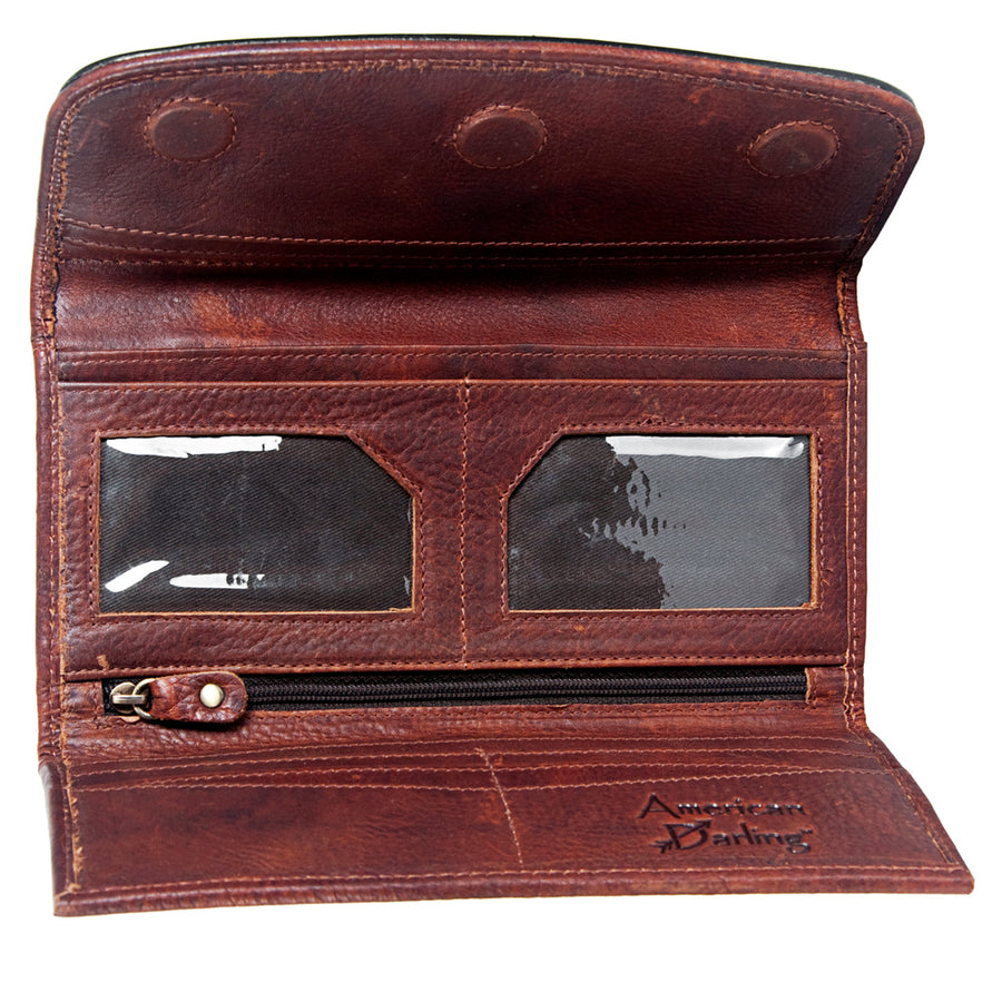 American Darling Wallet Hand Tooled Leather Clutch Vegetable Tanned Western Accessory 4in x 8in