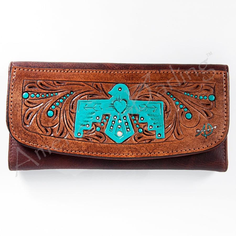 American Darling Hand Tooled Sunflower Wallet - Western Leather Floral Carved Clutch - Uhorse