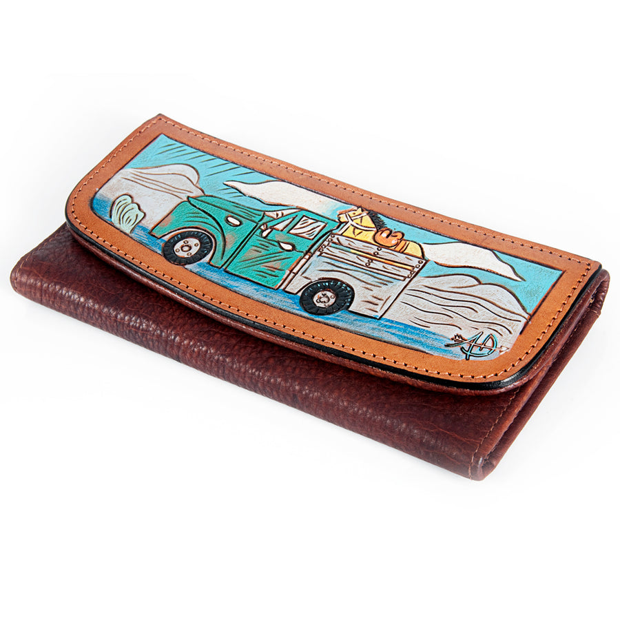 American Darling Wallet Hand Tooled Leather Clutch Vegetable Tanned Western Accessory 4in x 8in