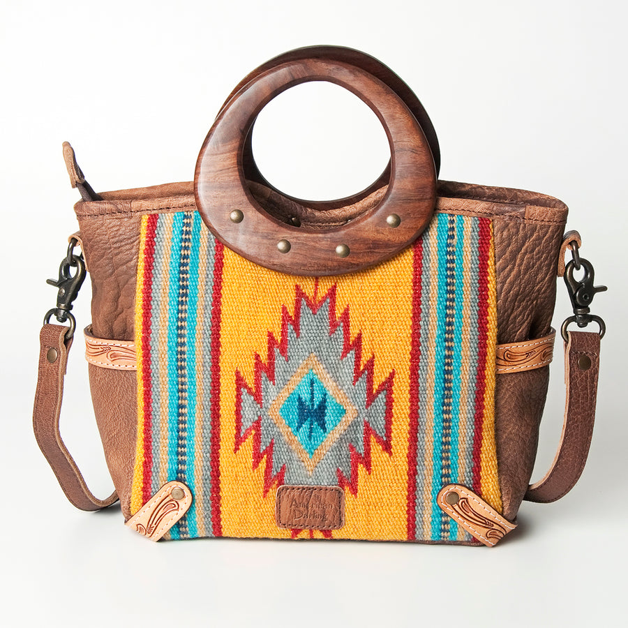 American Darling Tote Bag Hand Woven Saddle Blanket Genuine Leather Western Purse with Hand Tooled Trim & YKK Zipper