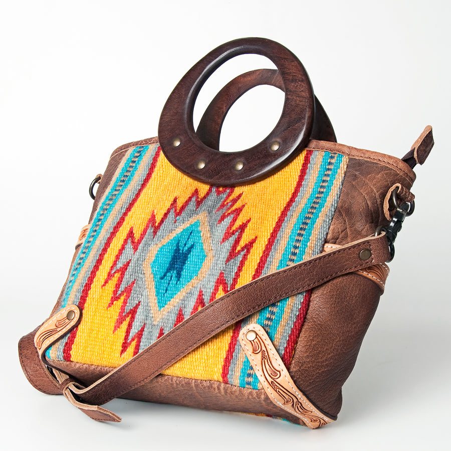 American Darling Tote Bag Hand Woven Saddle Blanket Genuine Leather Western Purse with Hand Tooled Trim & YKK Zipper