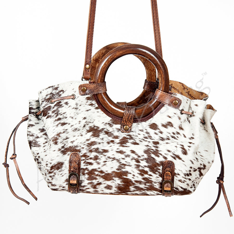 American Darling Tote Bag Hair-On Cowhide Genuine Leather Western Purse with Drawstring and Circular Wooden Handles