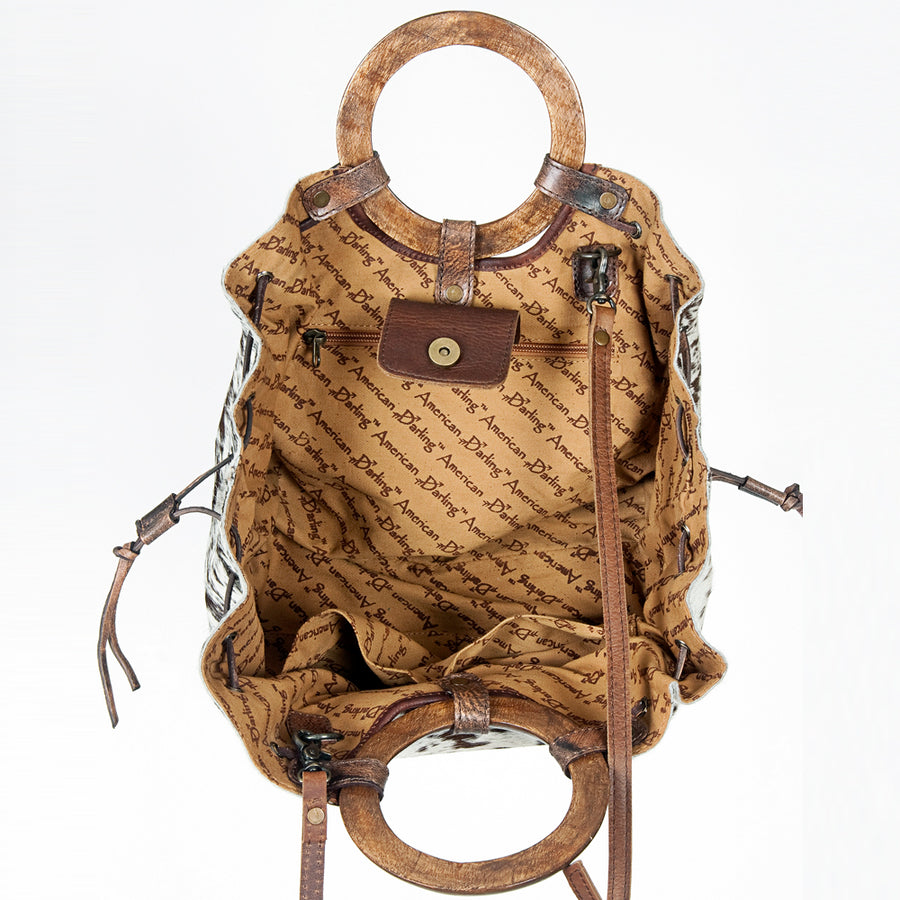 American Darling Tote Bag Hair-On Cowhide Genuine Leather Western Purse with Drawstring and Circular Wooden Handles