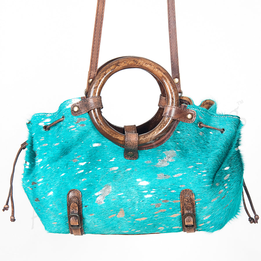 American Darling Tote Bag Hair-On Cowhide Genuine Leather Western Purse with Drawstring and Circular Wooden Handles